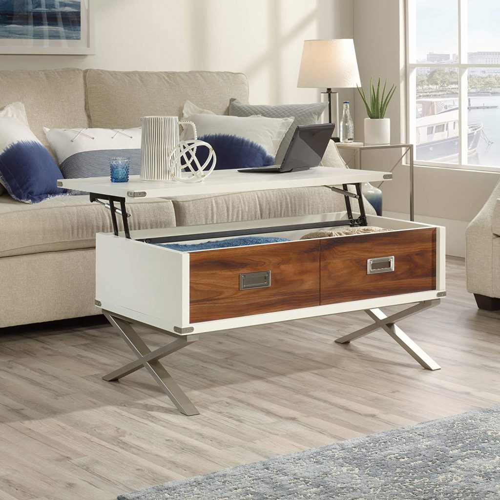 white and wood lift top coffee table