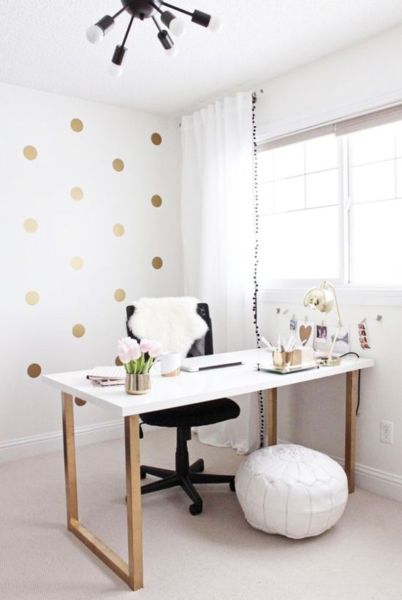 black white and gold feminine home office