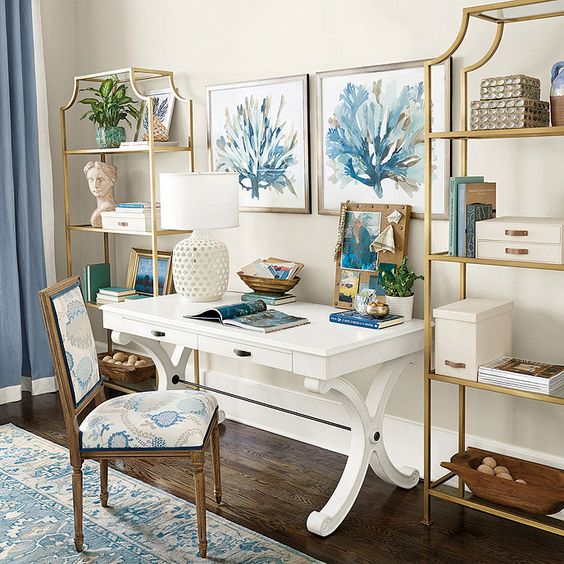 Blue gold and white office decor