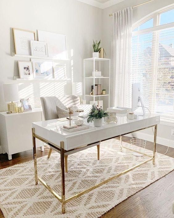 neutral gray and gold elegant home office decor