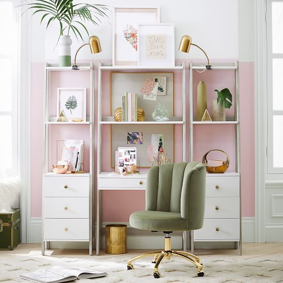 luxe pink, green and gold feminine office decor