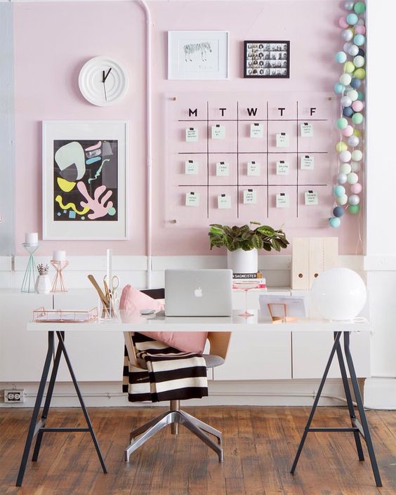Pastel pink feminine office decor