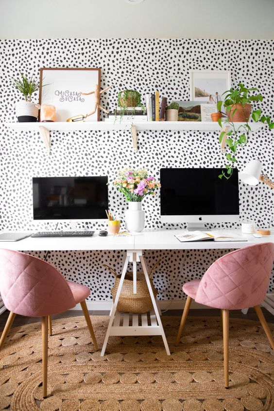 black and white Polkadot and pink office decor