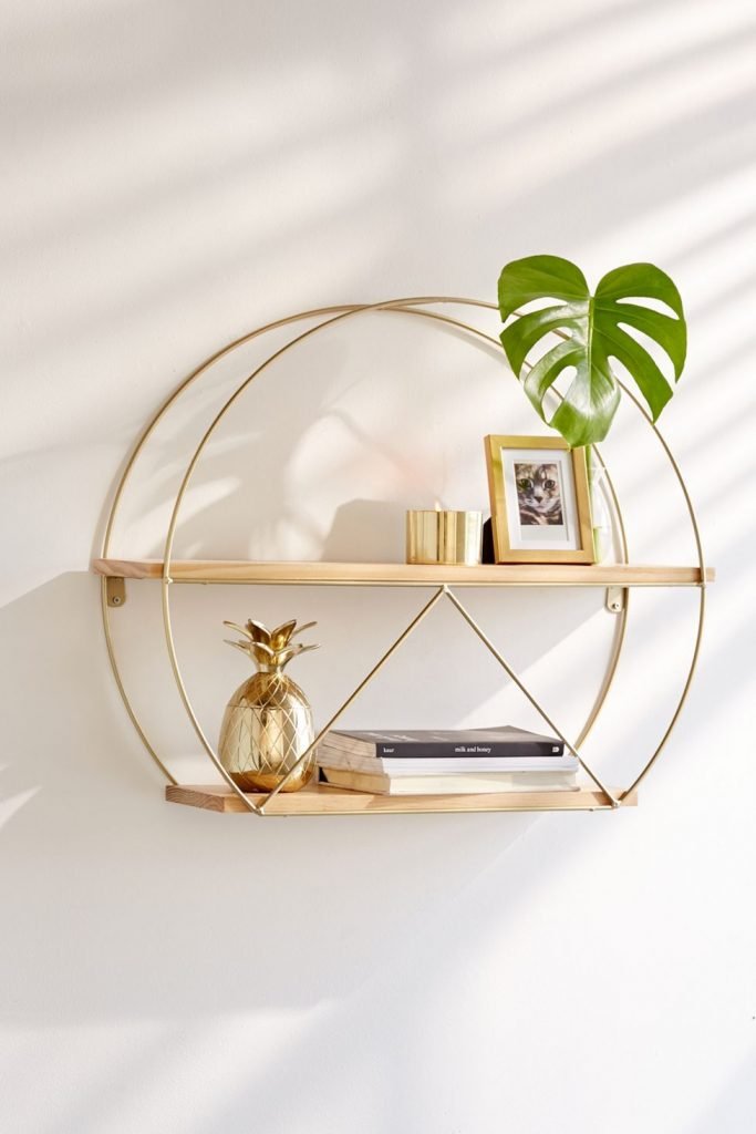 Round wood and gold decorative walll shelves