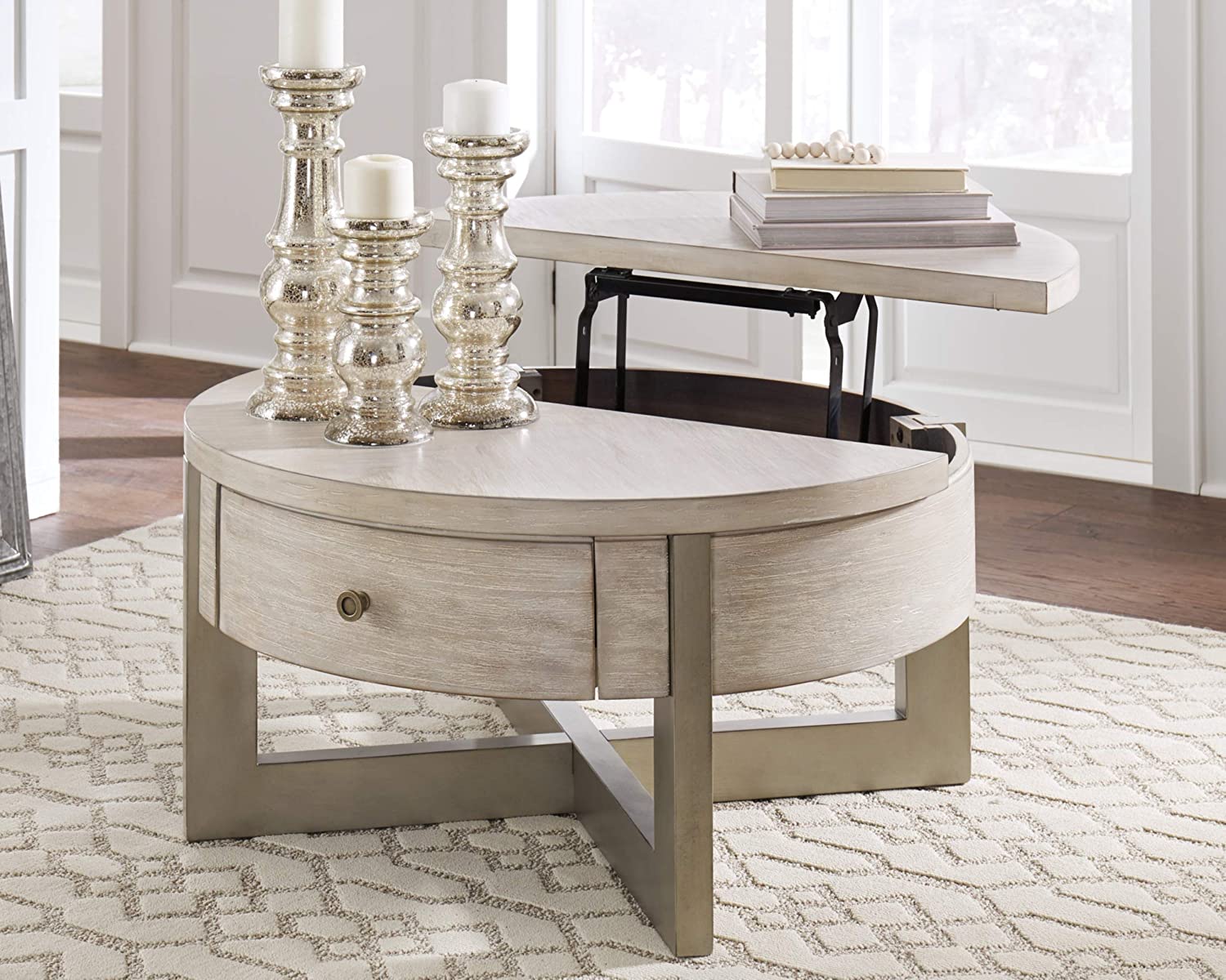 Round Lift Top Coffee Table With Storage White Natural : Modern Round