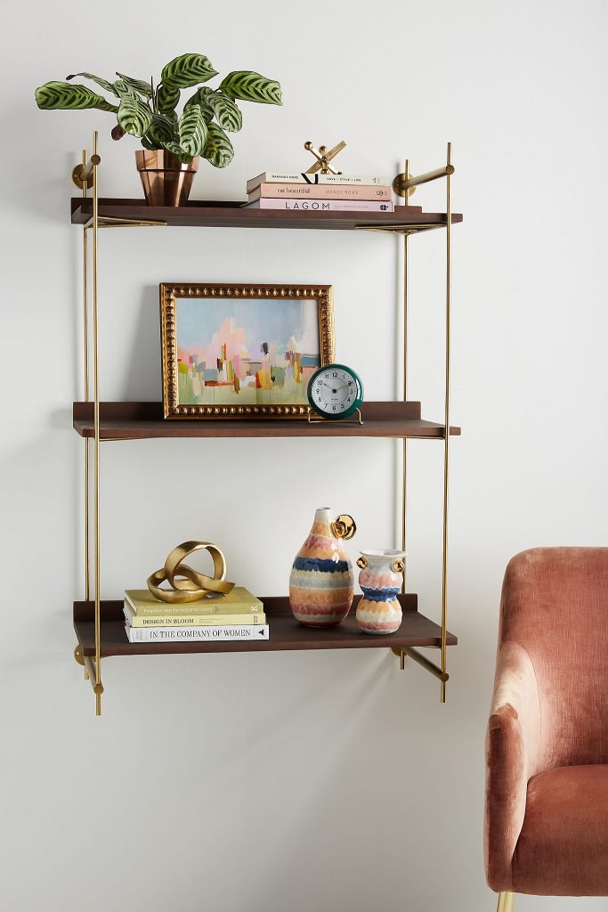 wood and brass decorative wall shelf