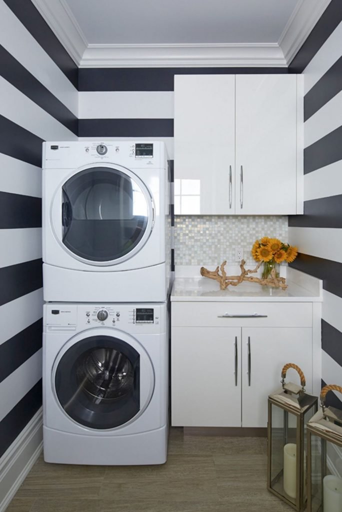 small laundry room ideas with black and white stripes
