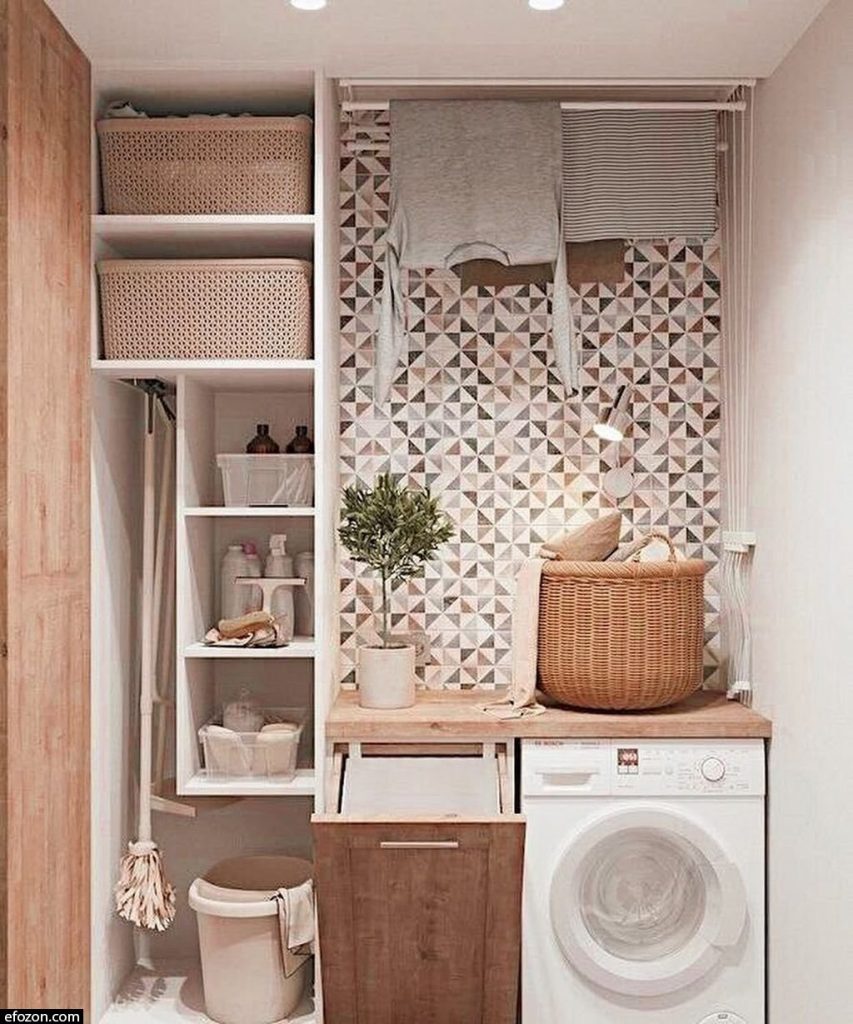 neutral modern small laundry room