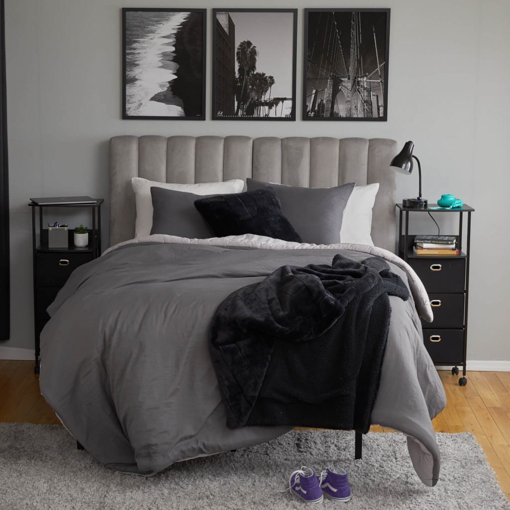 grey black and white dorm room