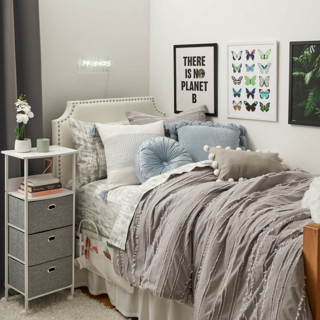 grey blue and white ivy league dorm room