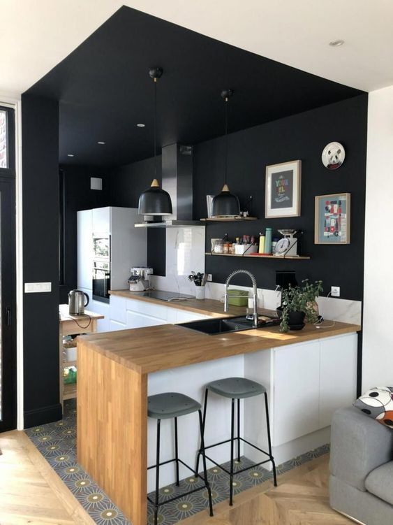 black color blocking idea for small kitchen