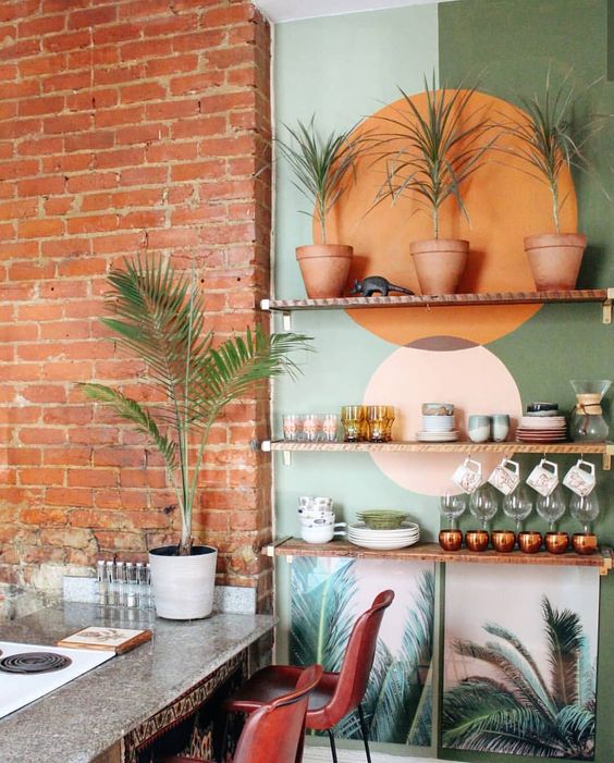 tropical color blocking idea for shelves