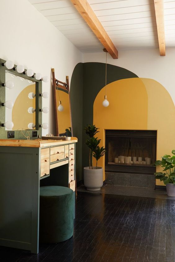 yellow and green oarch color block over fireplace