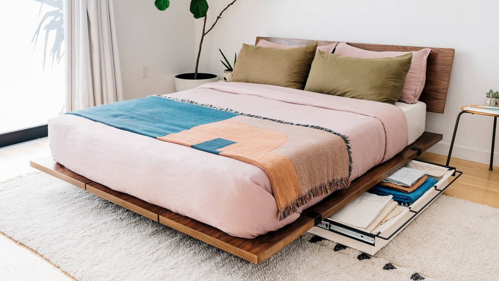 floyd sustainable bed frame with storage underneath.