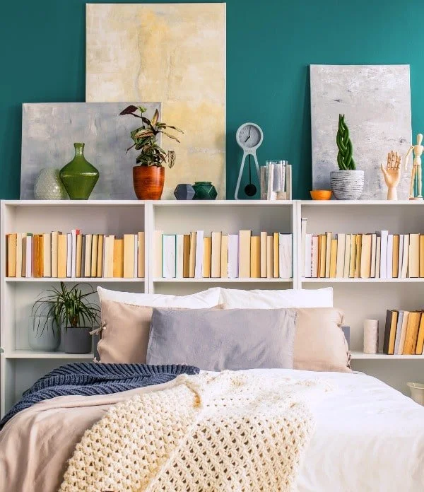 bookcase behind bed