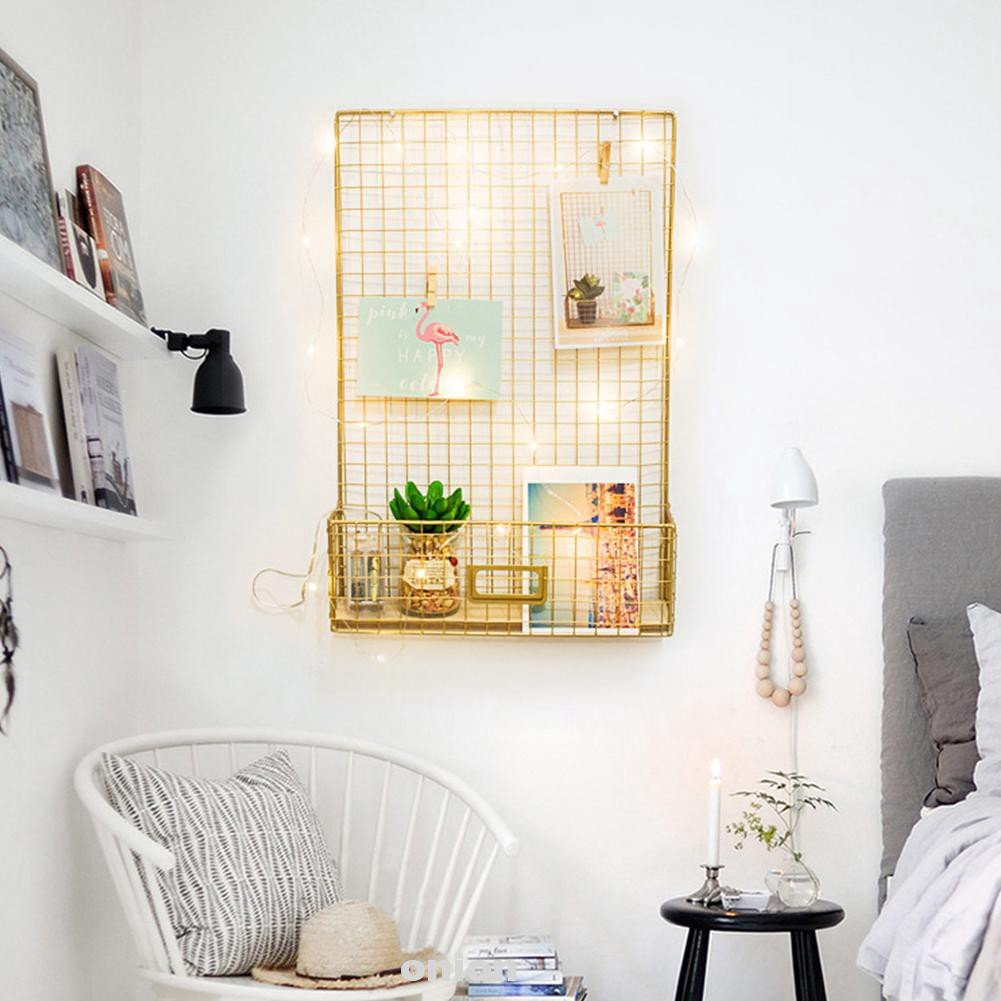wire wall grid organizer in bedroom