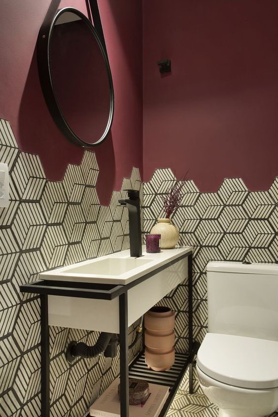 dark mauve and geometric walls small bathroom