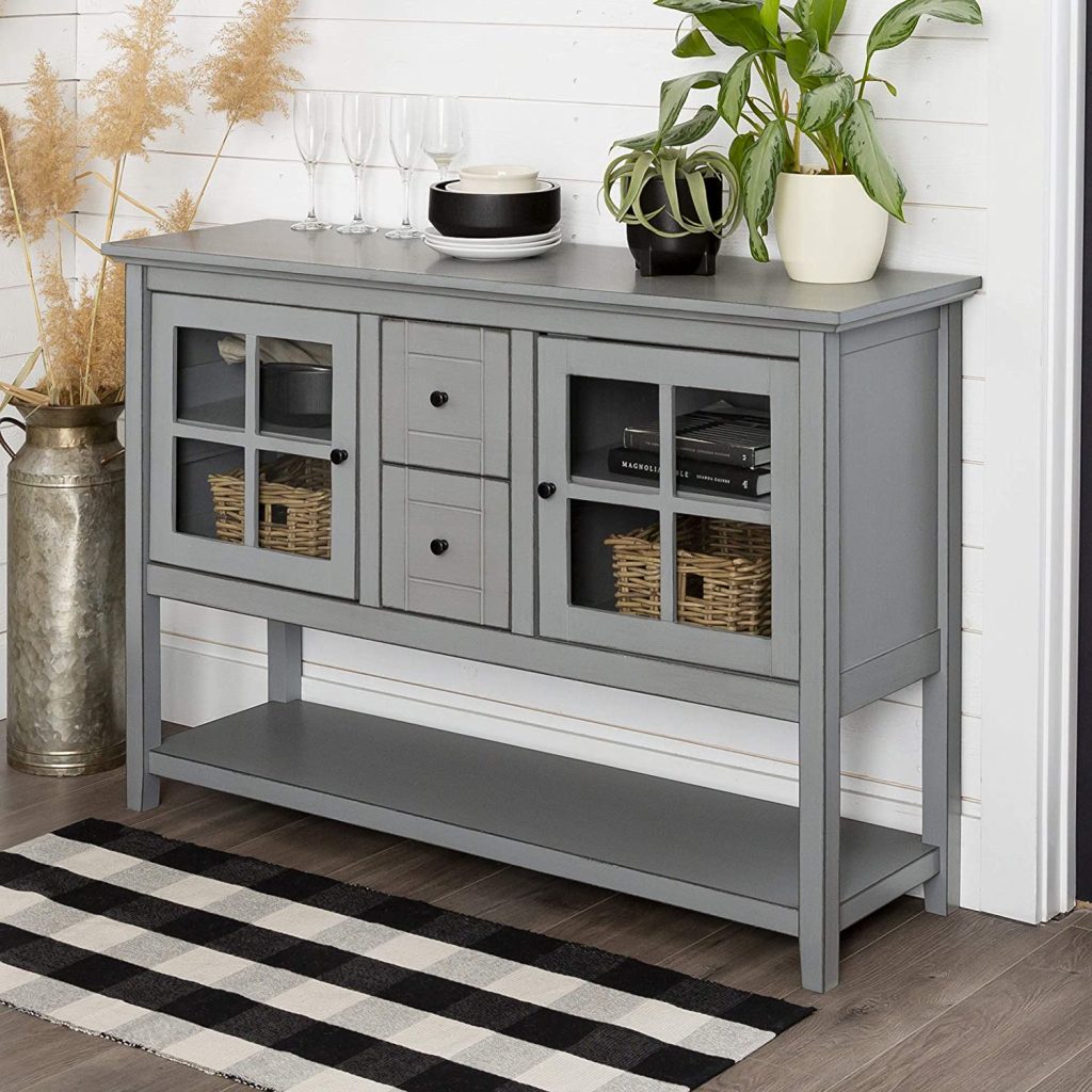 small grey modern credenza cabinet with glass doors