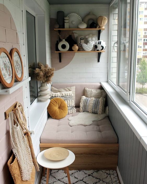 small balcony decor with wall shelves