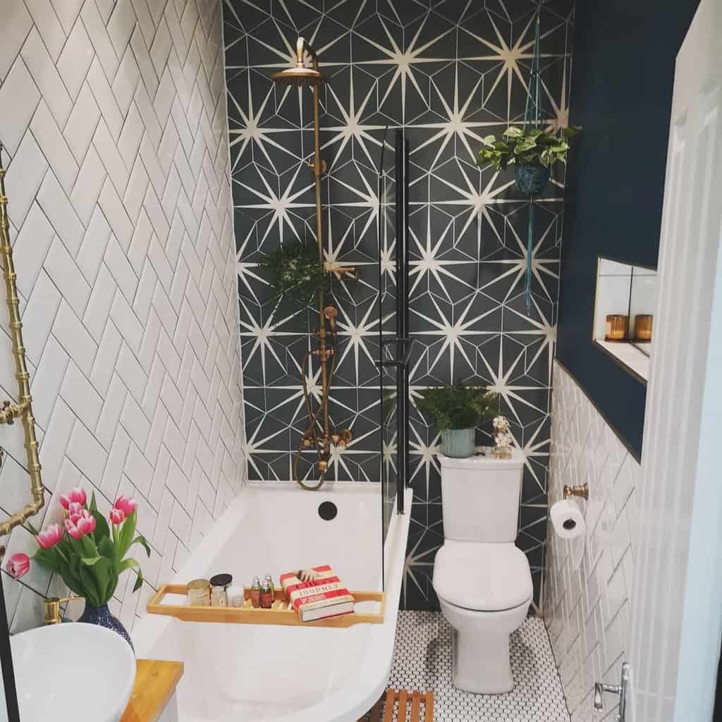 grey and white geometric acceent wall in small bathroom