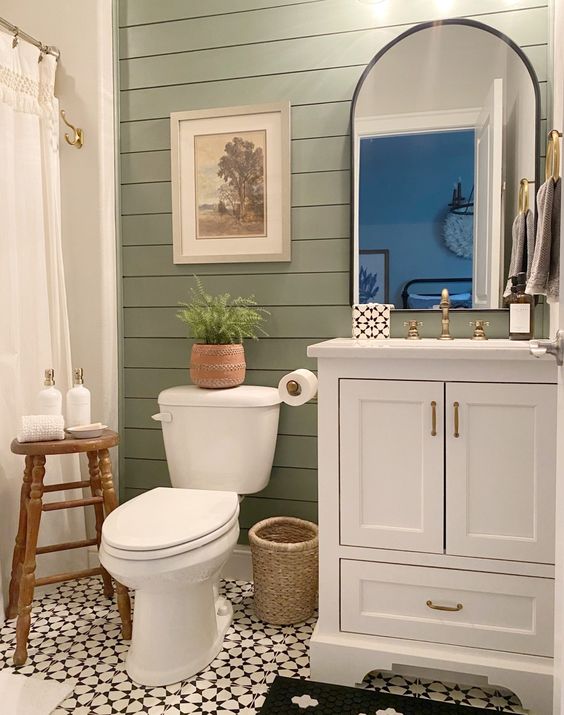 slated accent wall in bathroom