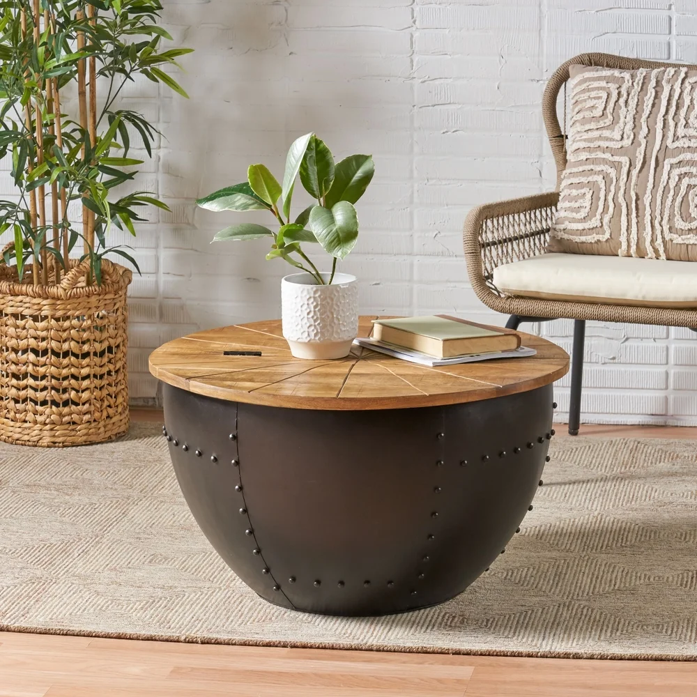 round industrial storage coffee table for small spaces