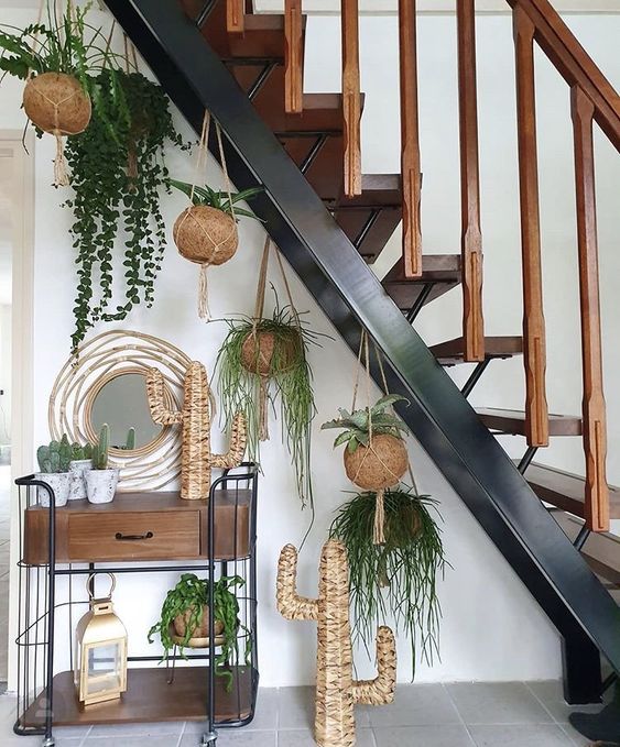 plants in the space under the stairs