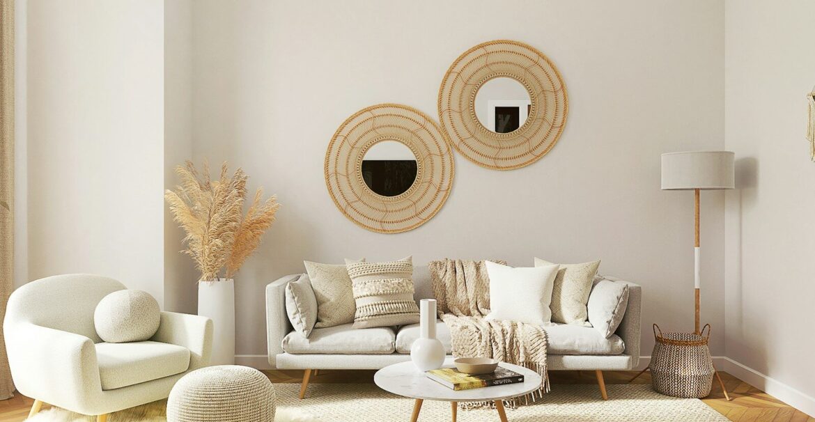 a living room filled with furniture and a mirror